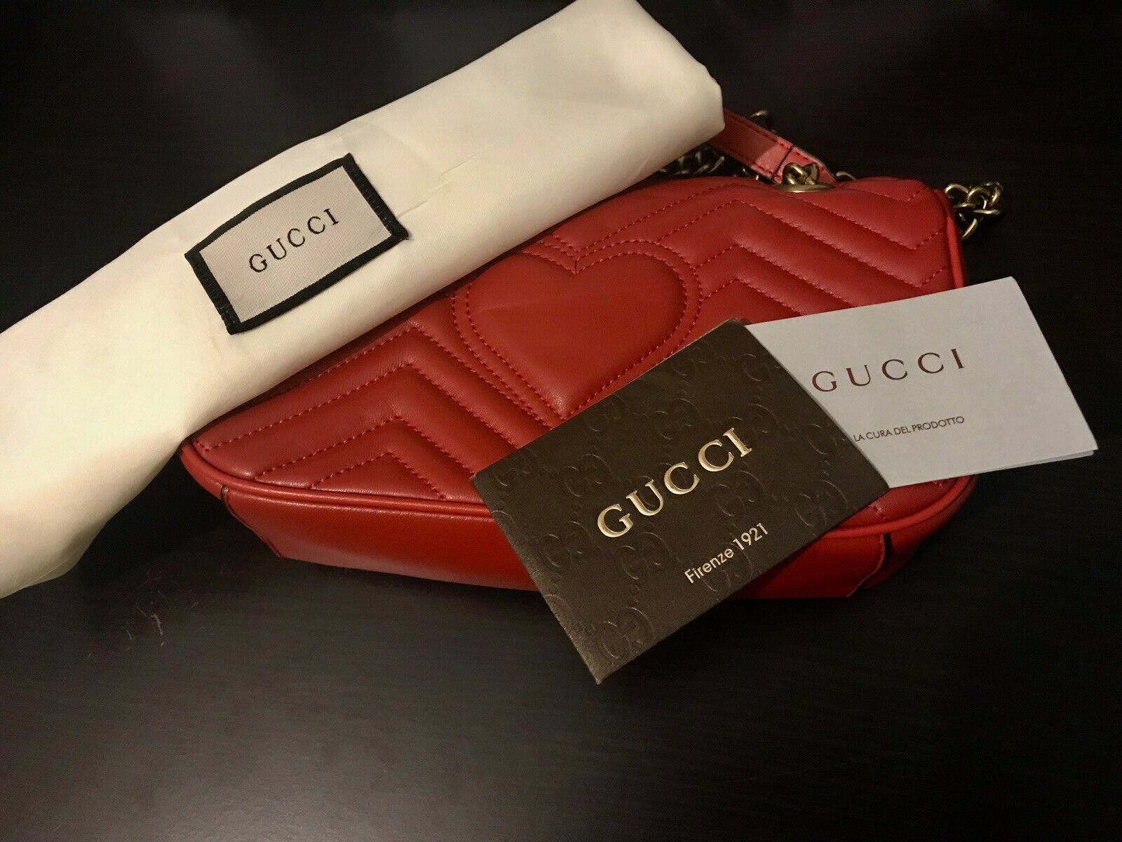 GUCCI MARMONT GG SMALL SHOULDER BAG RED QUILTED LEATHER