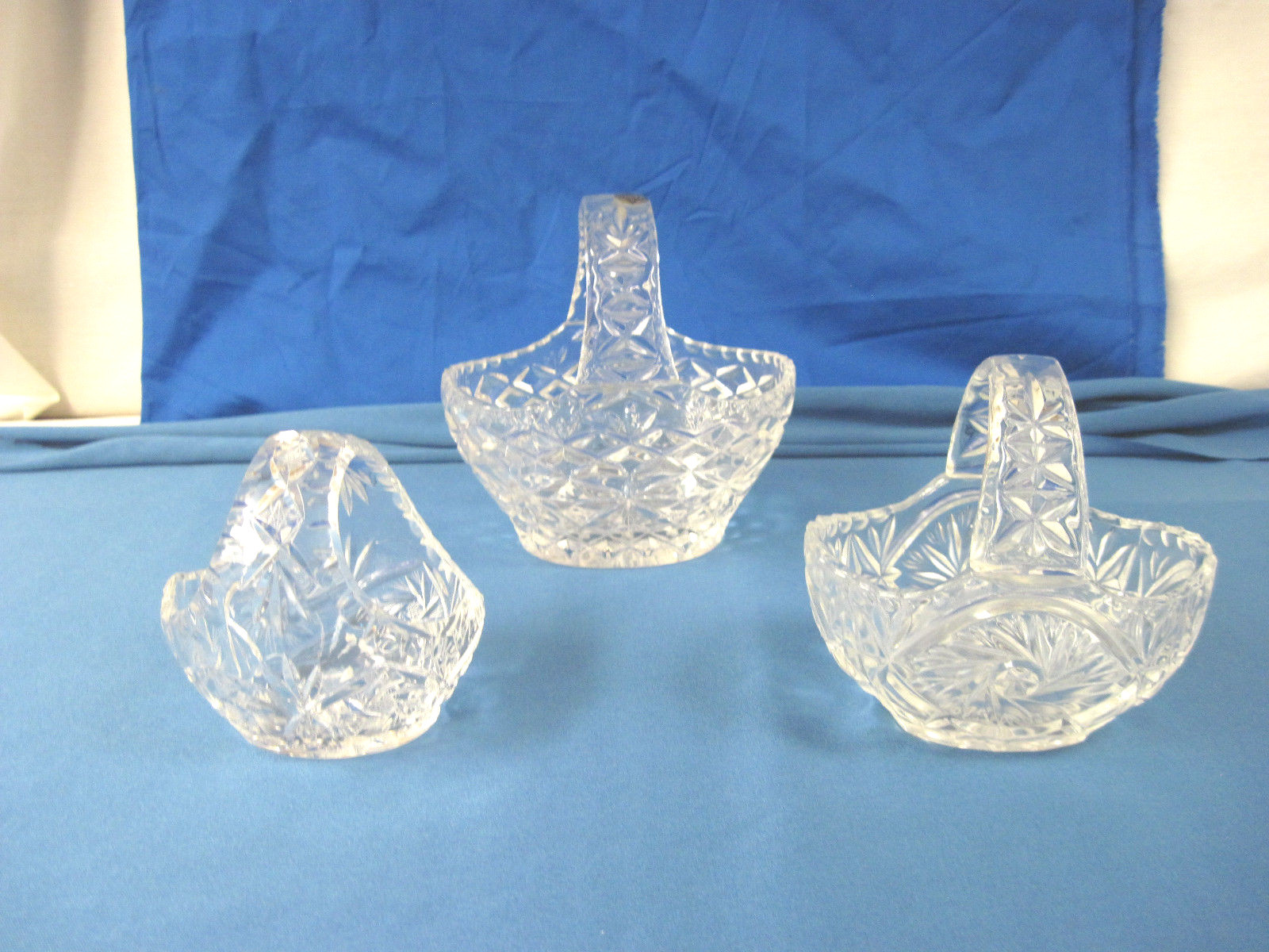 3 Lead Crystal Baskets with Handles Heavy Clear Cut Glass