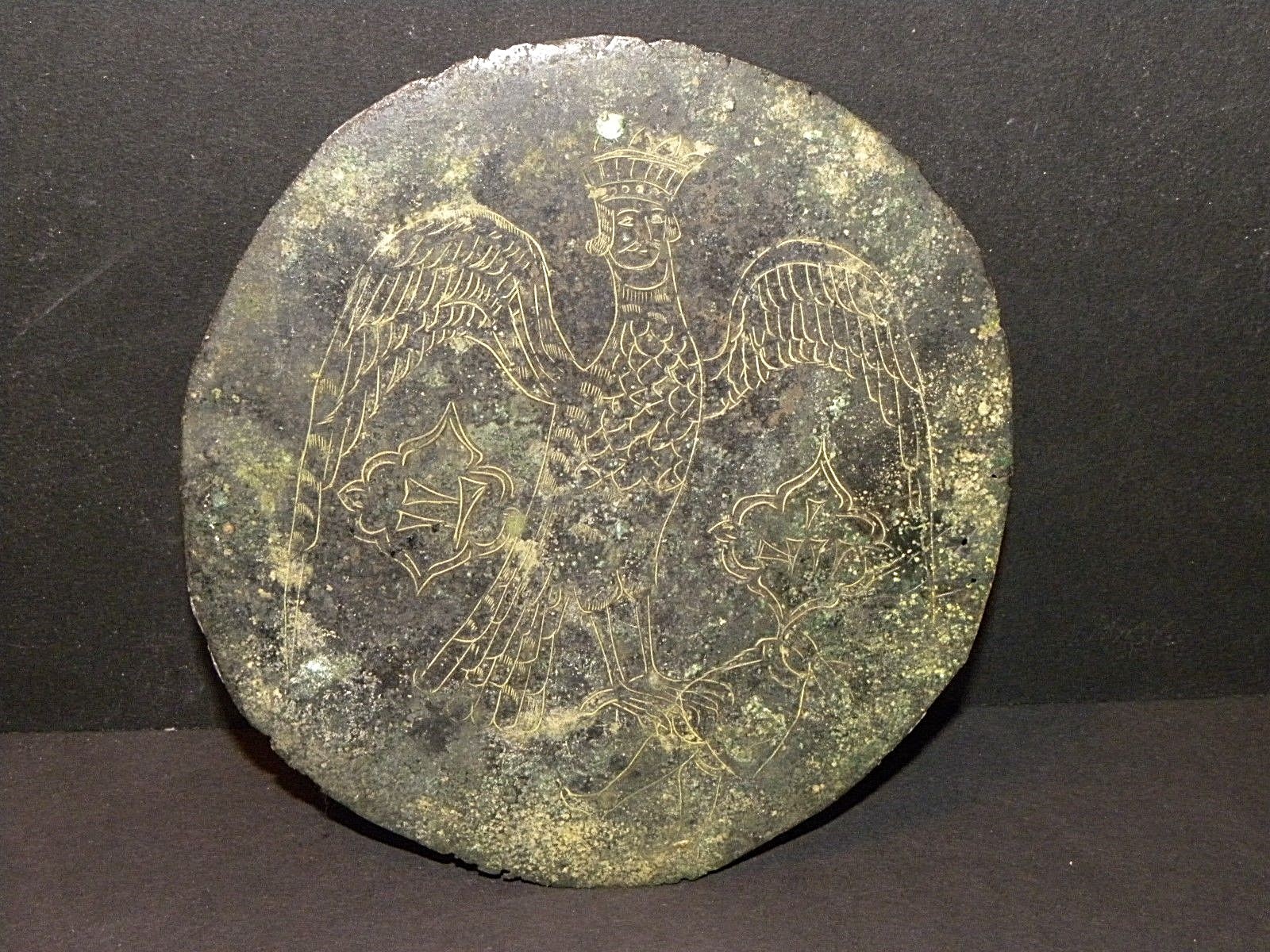 53865. Ancient Persian Thin Bronze Plate Cyrus the Great as Simurgh Phoenix Bird