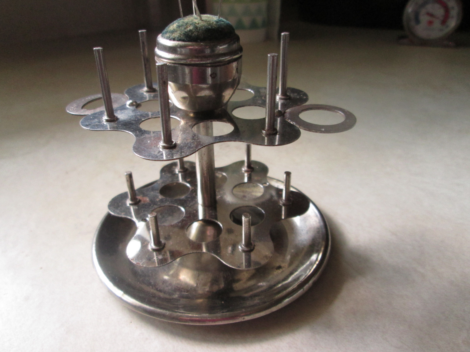 Vintage 2 tier Metal Thread Spool, Bobbin, Scissor, Thimble,Pin cushion Holder