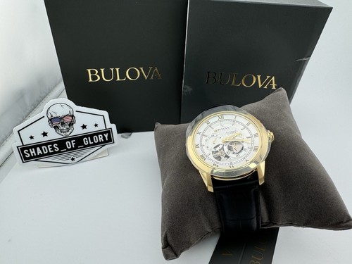 Pre-owned Bulova Sutton Gold Stainless Automatic 4-hand Watch Open Heart Leather 42mm