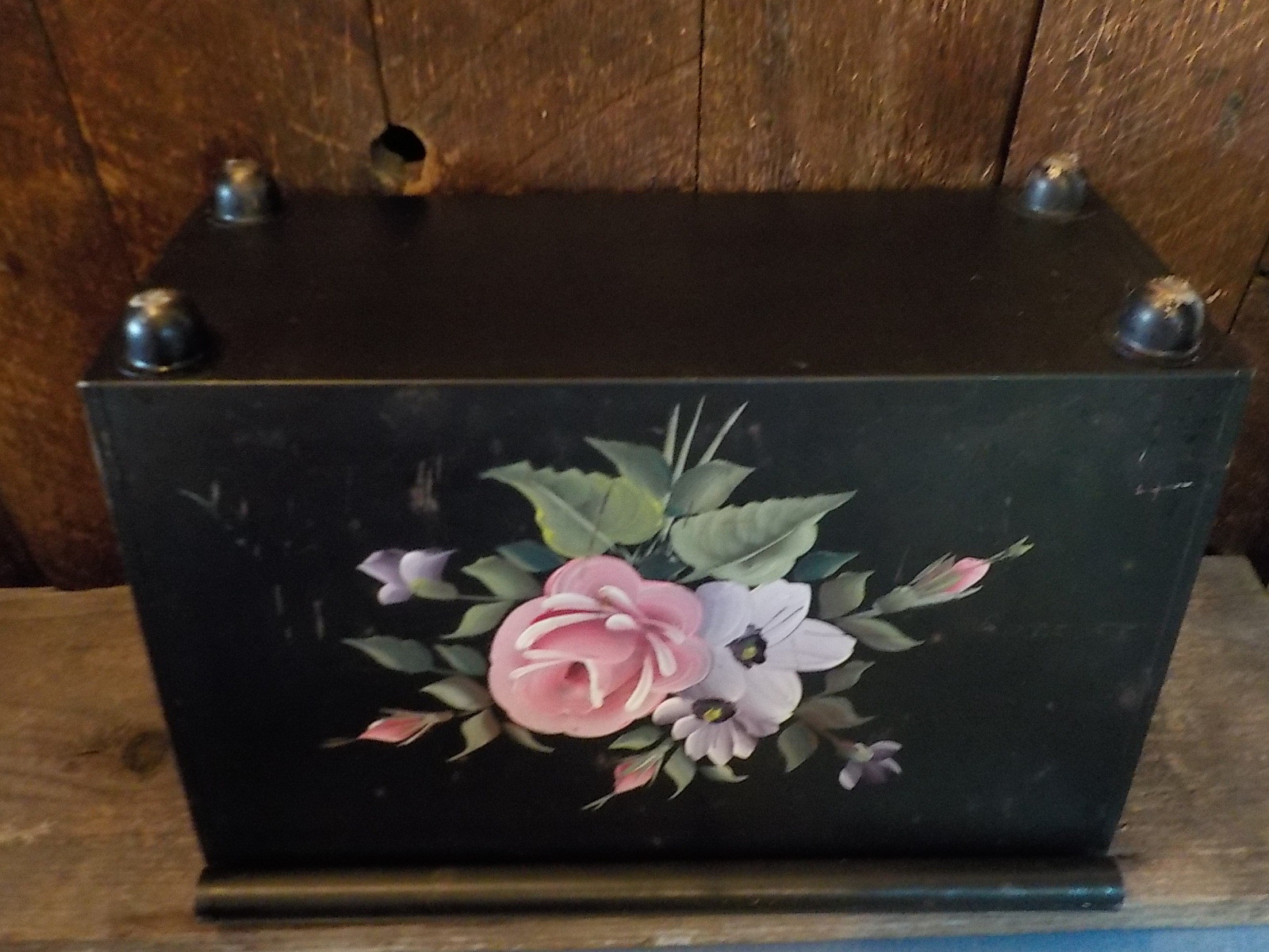 Vintage Toleware Black Metal Magazine Rack Black Gold border Floral
