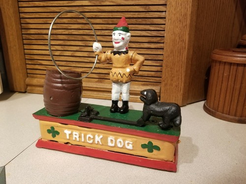 Vintage Cast Iron Mechanical Bank Clown & Trick Dog Hand Painted Complete, Works
