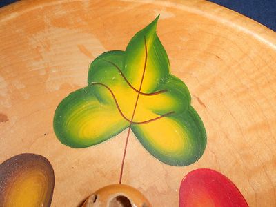 Wood Nut Bowl Painted Leaves Footed Farmhouse Decor Oak Leaf Dish Vintage Fall