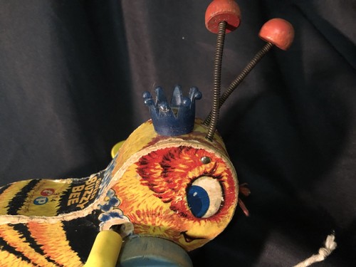 Queen Buzzy Bee #314 BLUE Crown Fisher Price 1956 Wood Pull String Toy