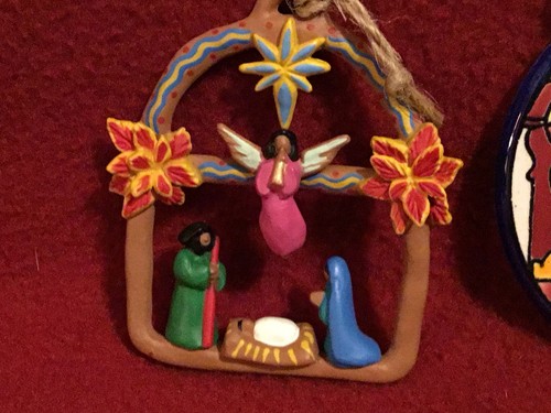 Vintage Nativity Ornaments (4) 1 Ceramic-1 Wood-1 Clay-1 Plastic