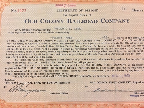 Old Colony Railroad Company Stock Certificate Of Deposit Boston Mass 1940