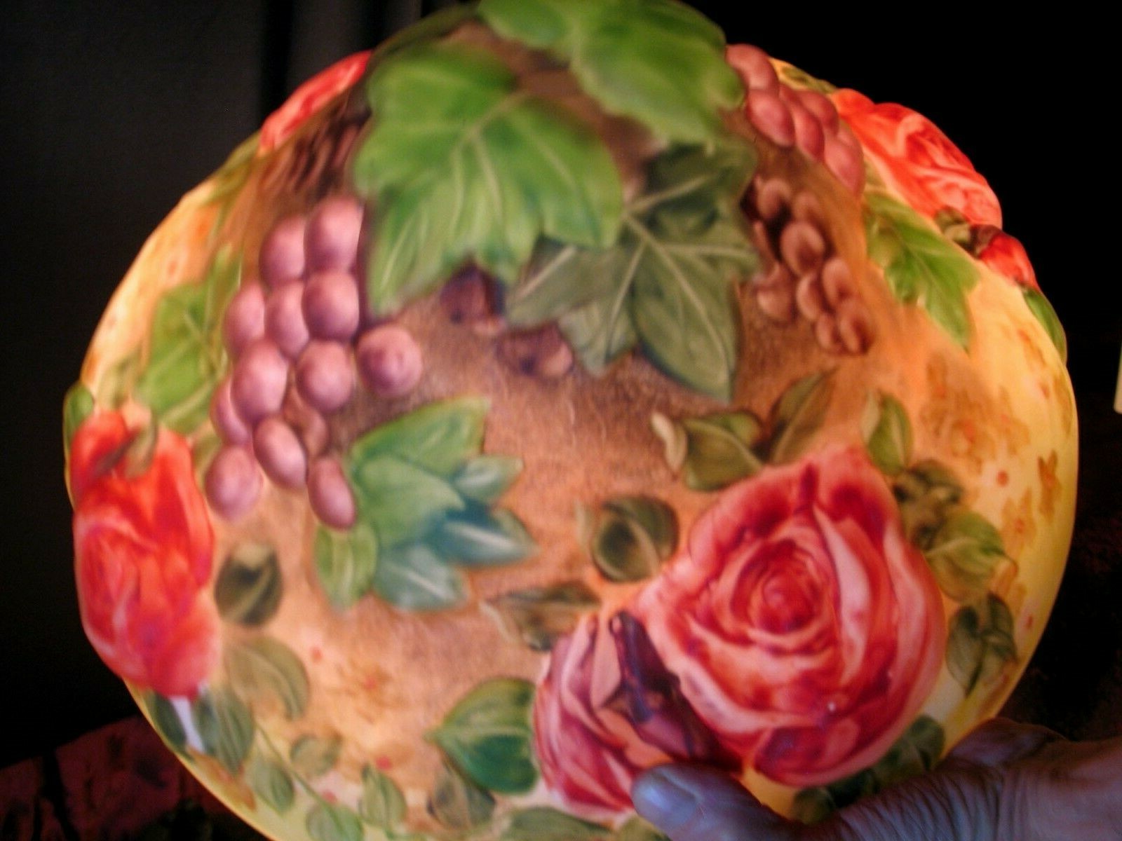 Gorgeous Vintage Pairpoint Like Reverse Painted Puffy Roses Grapes Lamp Shade
