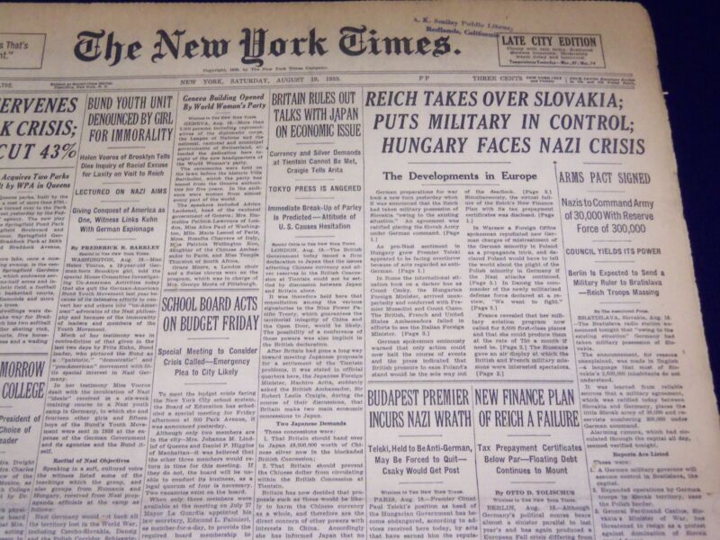 1939 AUGUST 19 NEW YORK TIMES - REICH TAKES OVER SLOVAKIA - NT 3144