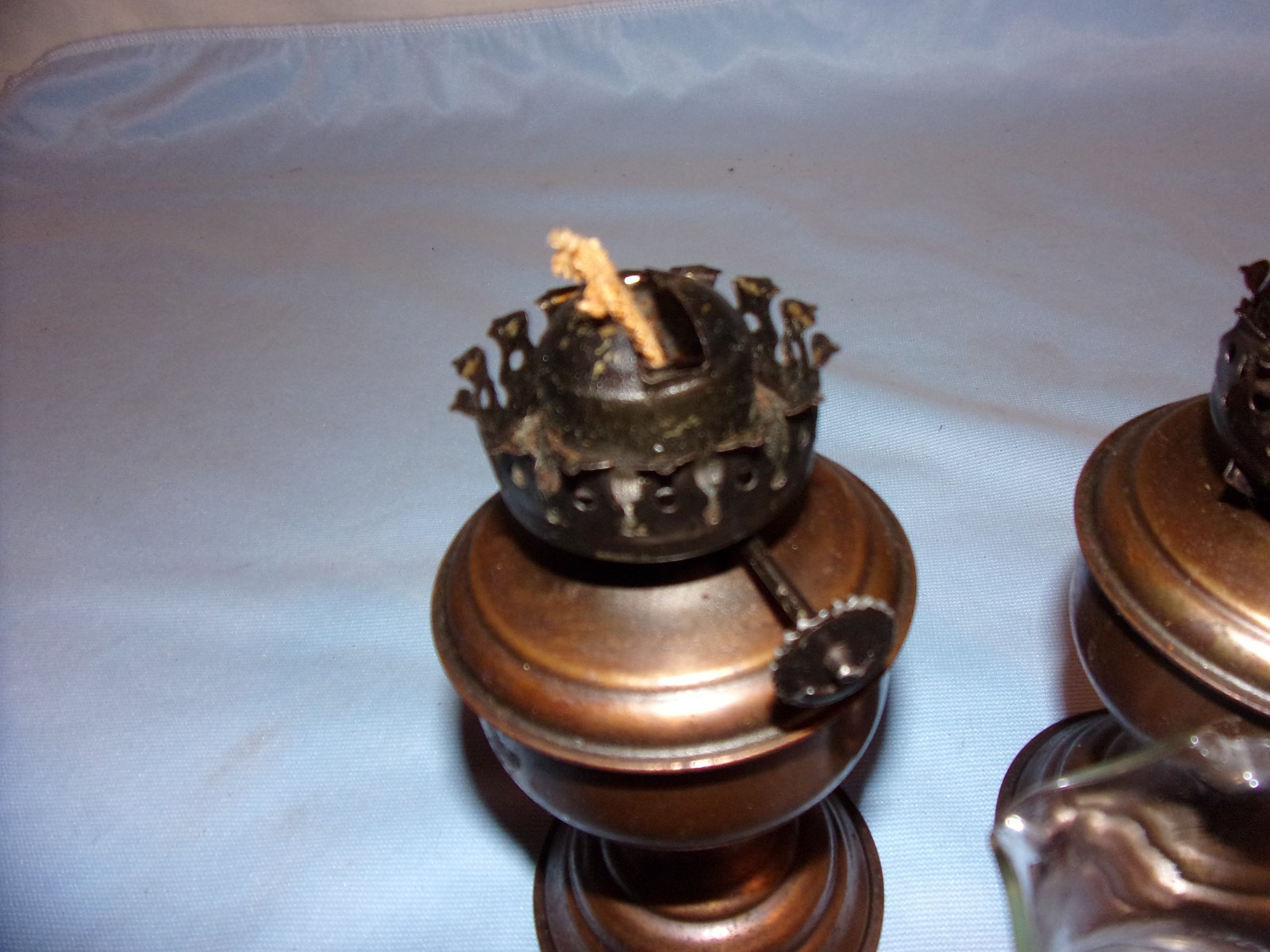 Two Petite Brass Oil Lamps/One Petite Clear Ruffled Chimney Made in India(INDIA)