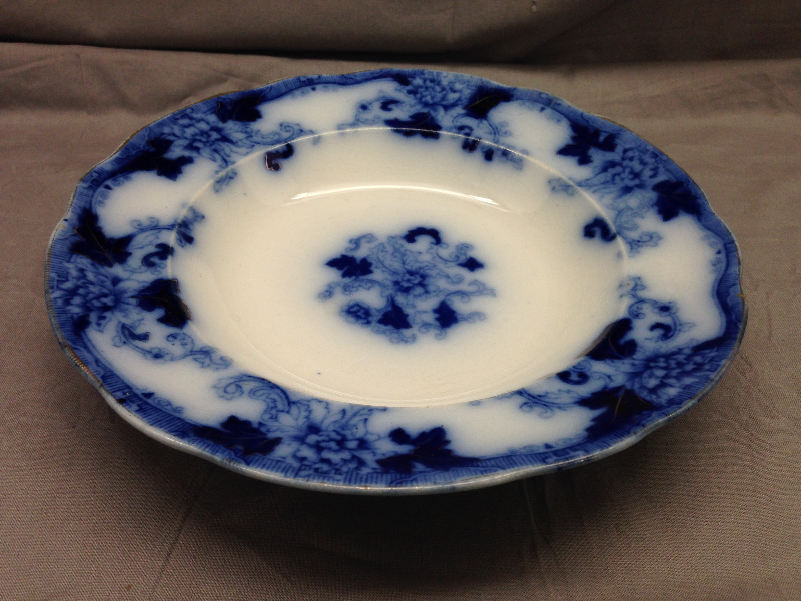 Antique Brugess & Campbell Flow Blue Rimmed Soup Bowl Balmoral Royal Gold Trim