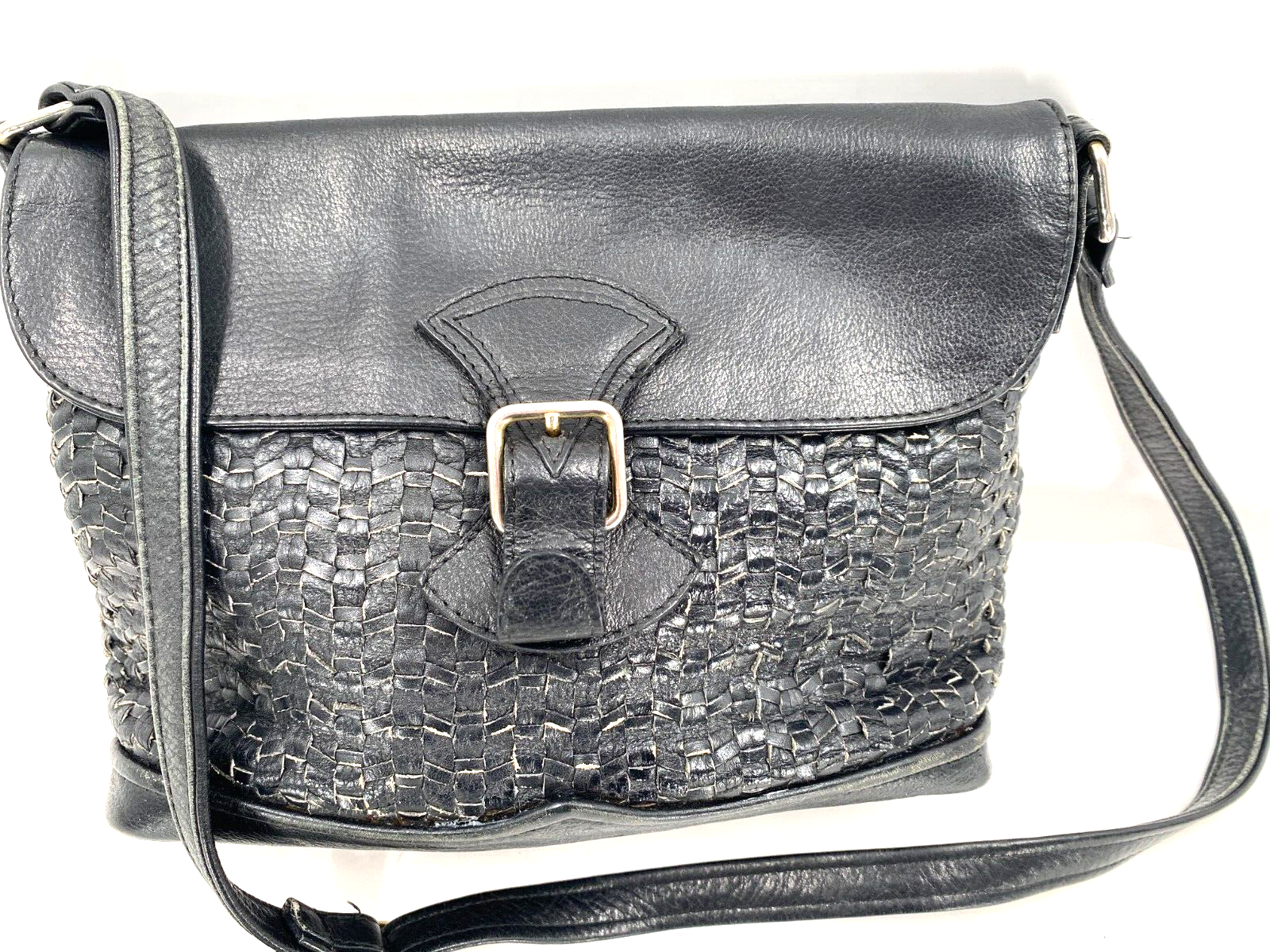 VTG PISTORE Italian Woven Luxurious Black Leather Shoulder