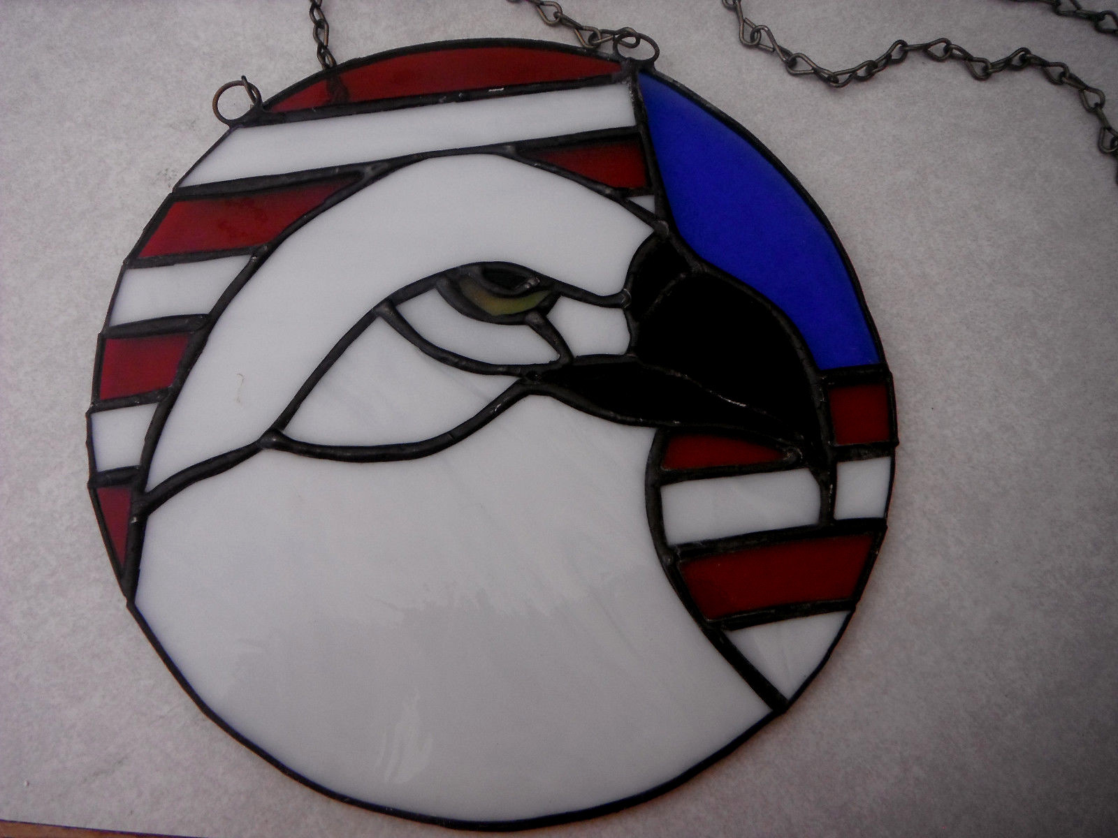 Vintage Hand Made STAINED GLASS Bald EAGLE & Patriotic US Flag SUN CATCHER