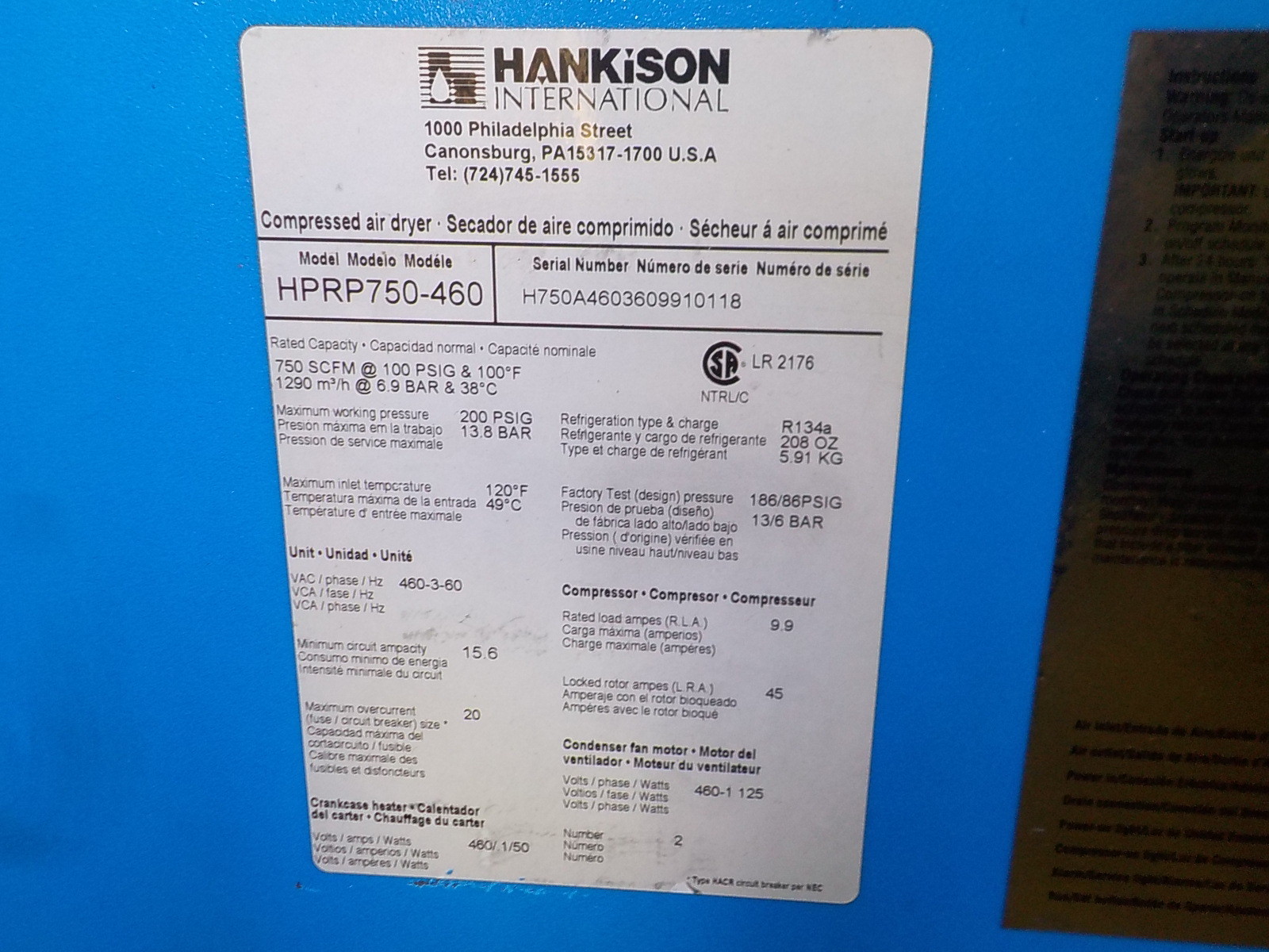 Hankison Compressor Air Dryer HPRP750-460
