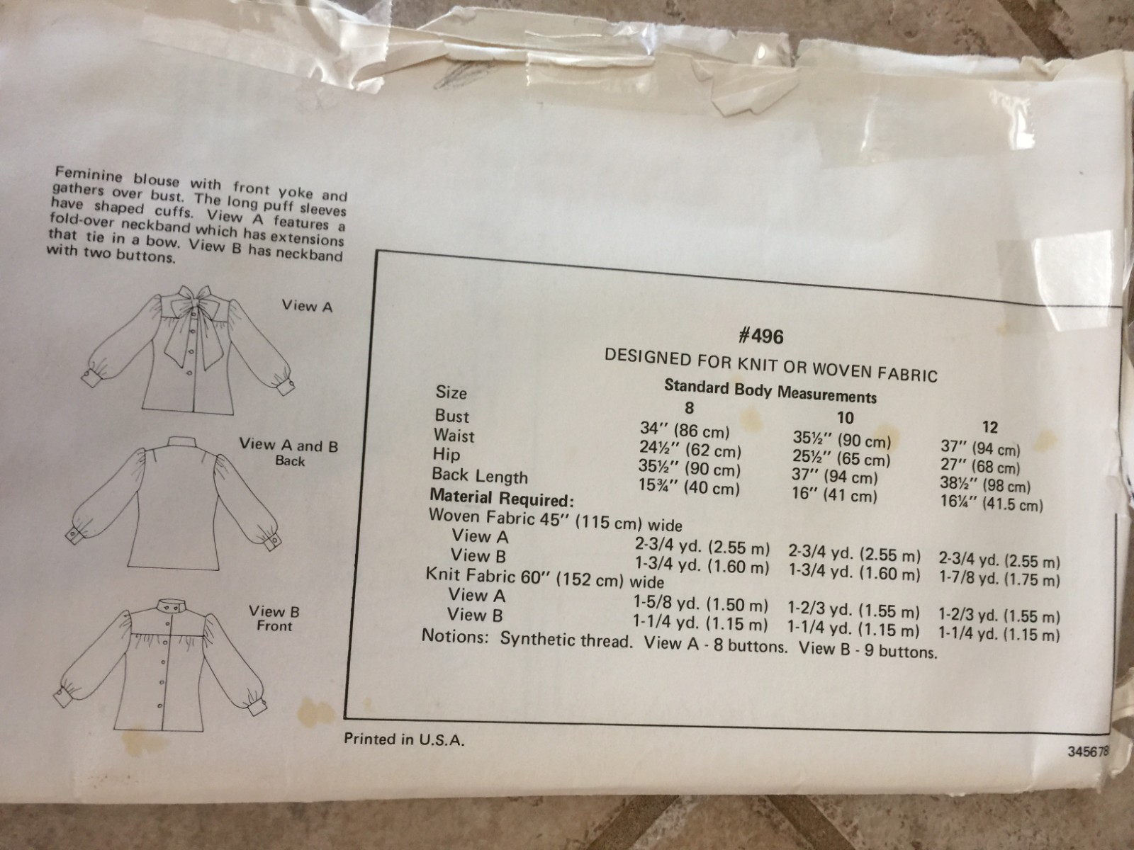 KWIK Sew #496 Pattern Women's Size 8,10,12 2 Style Blouses