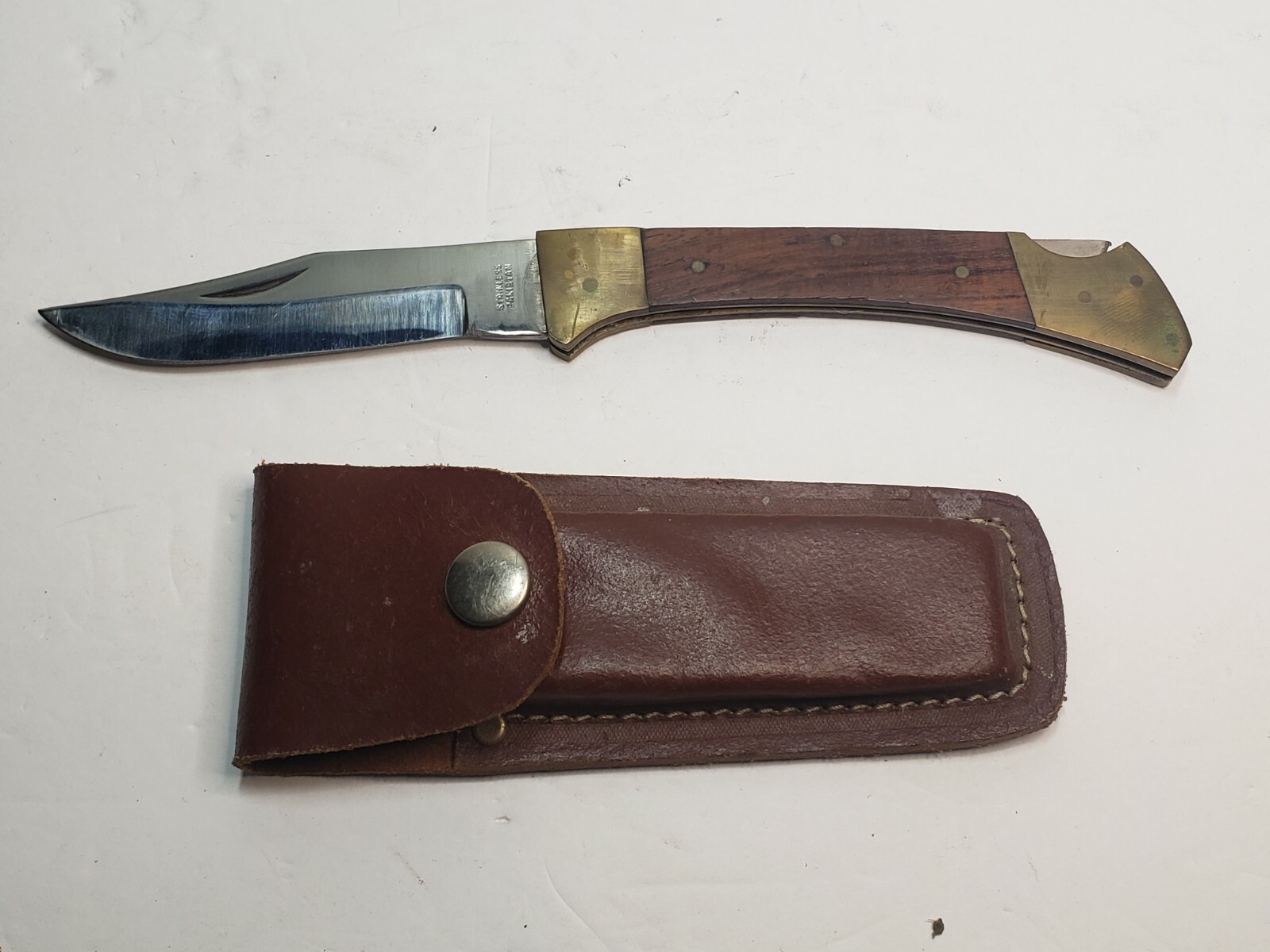 Vintage Stainless Pakistan Folding Blade Knife with Leather