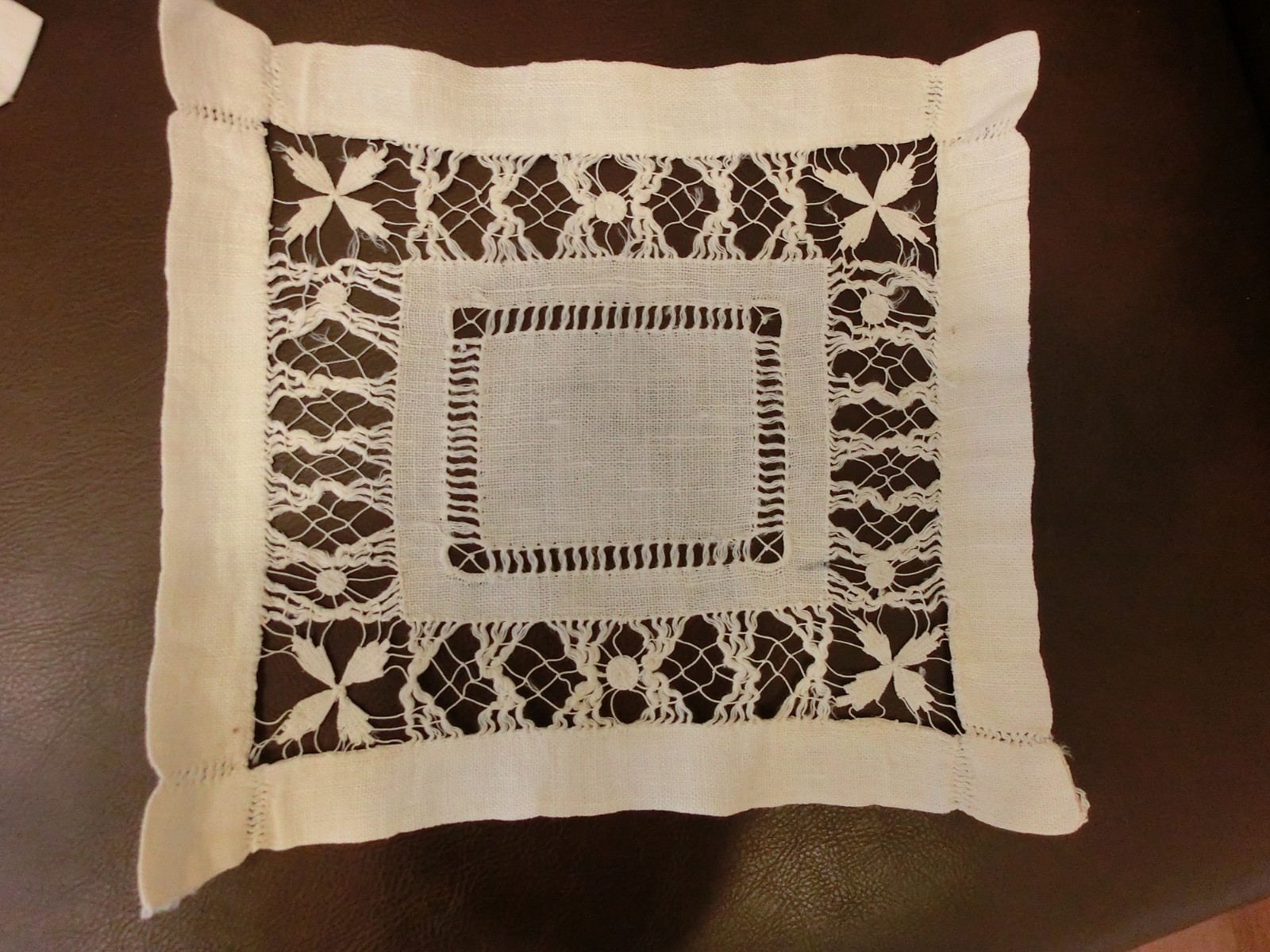 Lot of 2 Antique Vintage Ivory LINEN Doilies/Table Top Hand Drawn Threadwork