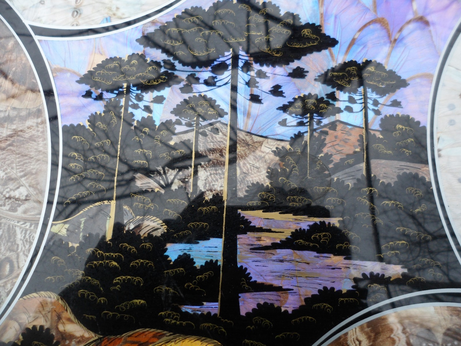 Marquetry Brazilian Real Butterfly Wing Art Serving Wood Tray Inlay Border 18