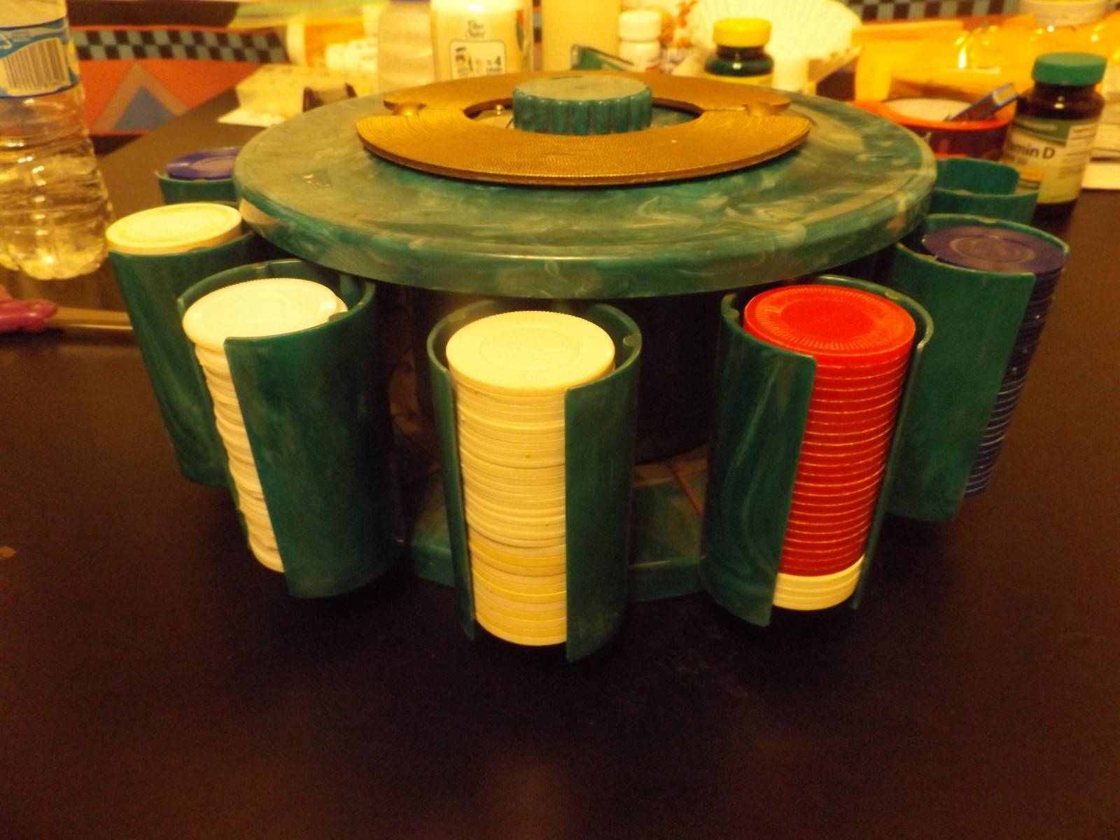 VINTAGE PLA-WOOD TURNIT POKER CADDY / CHIP RACK GREEN MARBLE BAKELITE