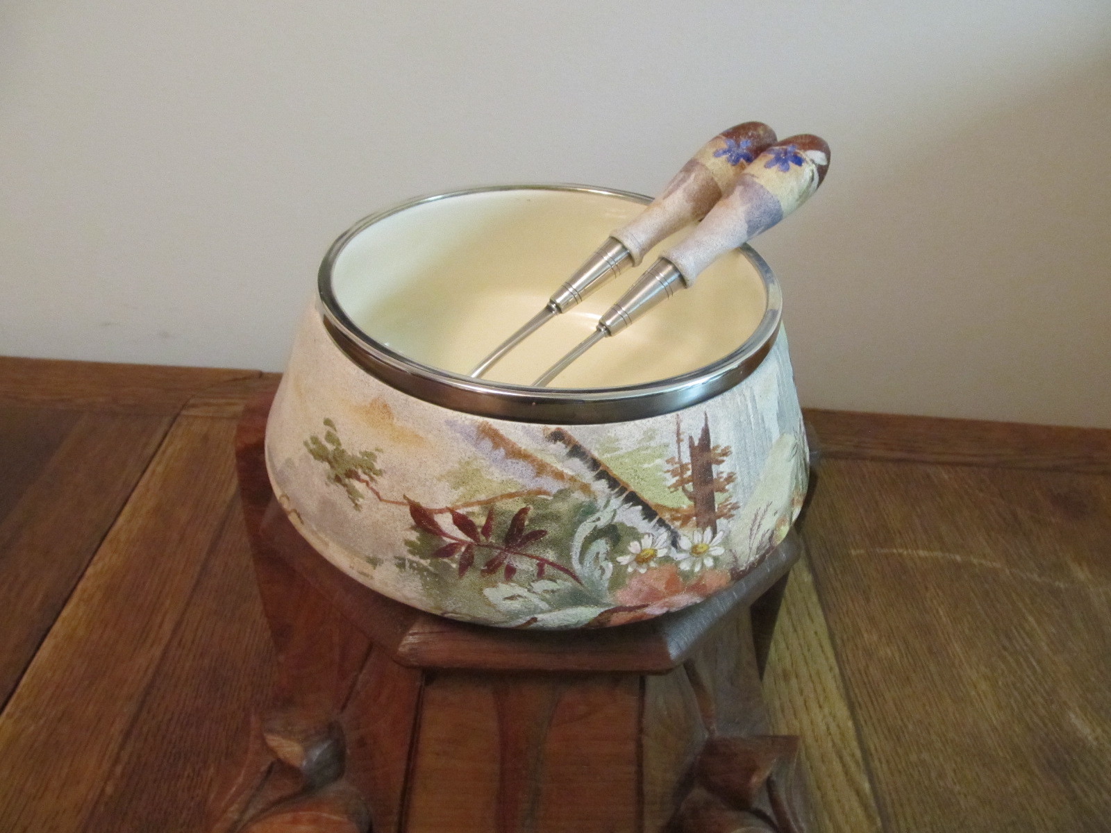 Royal Bonn Art Nouveau Salt Glazed Ceramic SP Trimmed Salad Bowl with Tongs