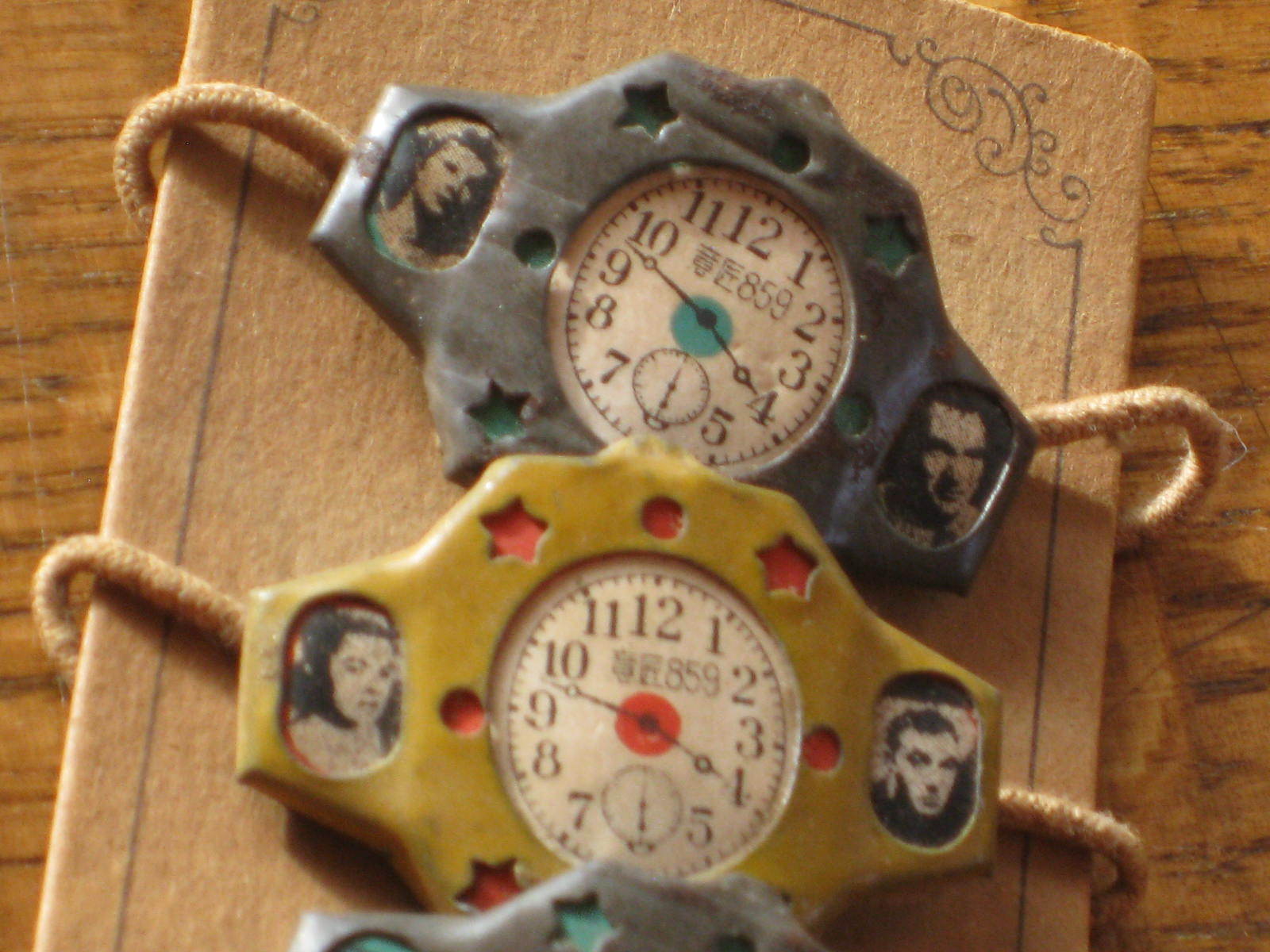 Occupied Japan Tin Toy Watches Lot o 6 Carded Novelty Movie Stars Unused Stamped