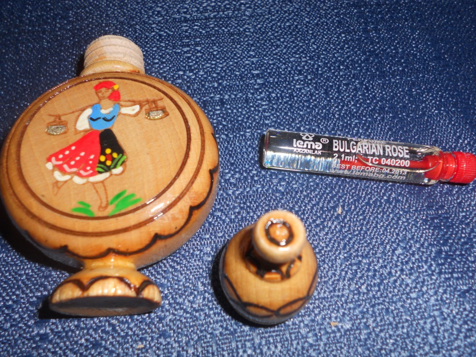 Bulgarian Small Wooden Perfume Bottle Holder w Rose Oil Perfume Hand Crafted