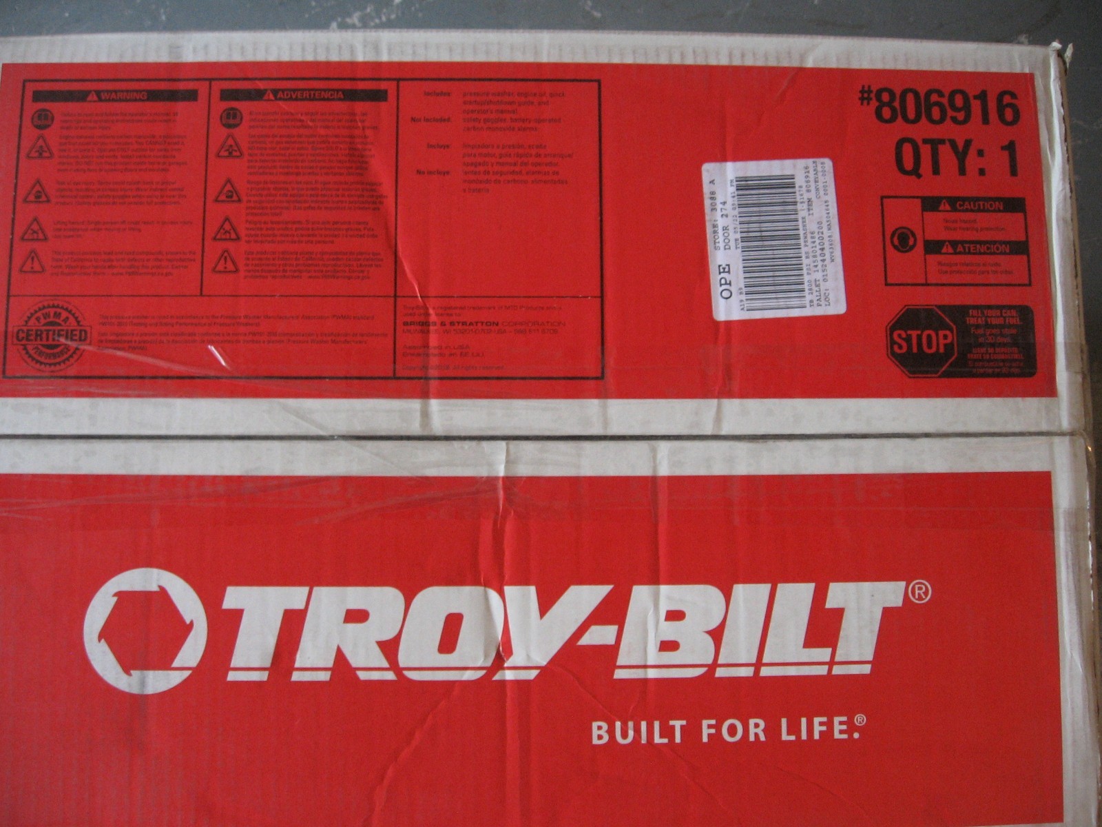 Troy Bilt Pressure Washer 2800 psi 2.3 gpm 806916 020676