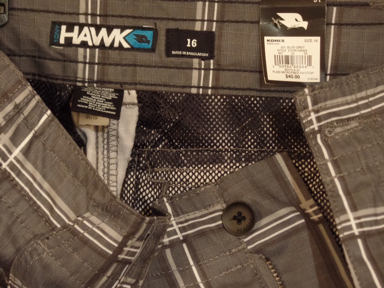Boys Size 16 Shorts TONY HAWK Plaid Cargo Rip-stop NWT $40
