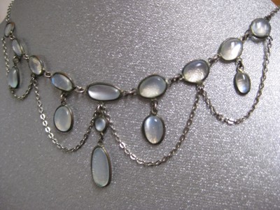 ANTIQUE ART NOUVEAU MOONSTONE STERLING FESTOON NECKLACE RARE