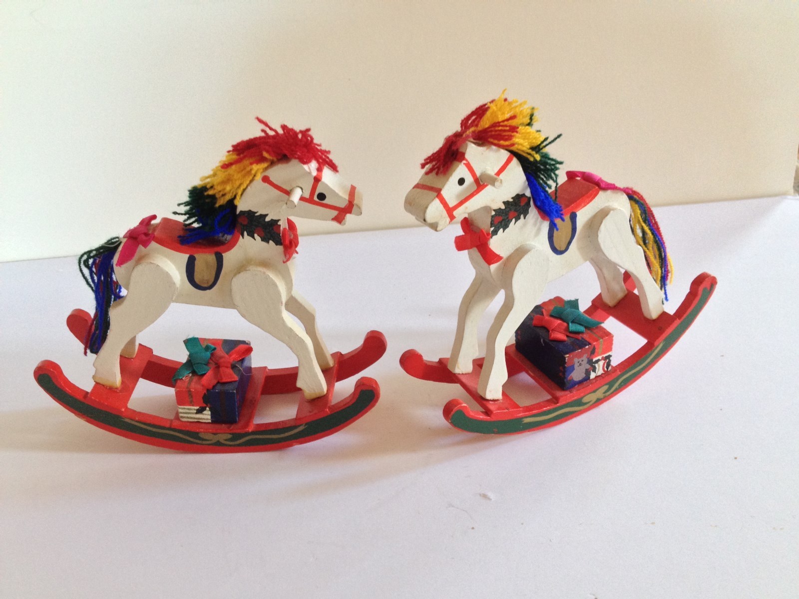 BEAUTIFUL WOOD HAND PAINTED PAIR OF CHRISTMAS ROCKING HORSES 1970'S