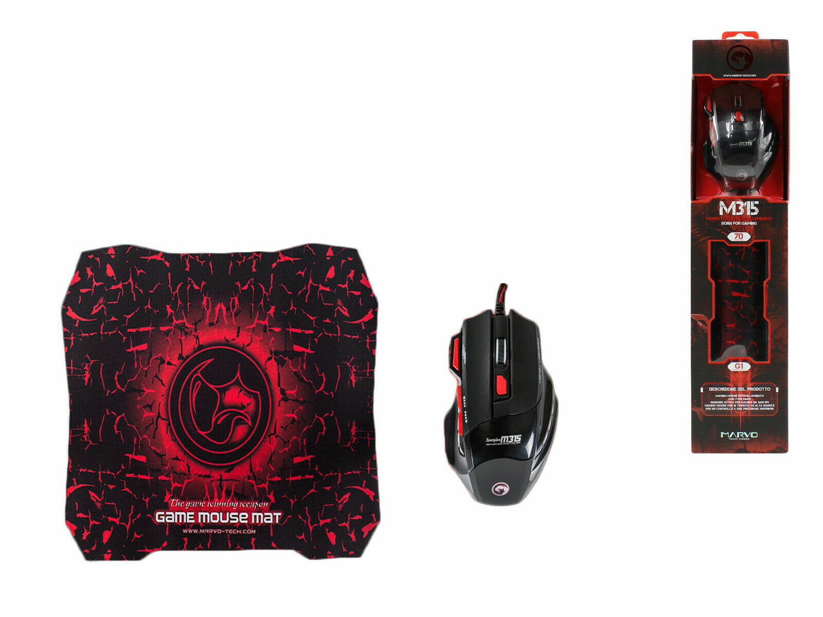 Tappeto Tappetino Gaming Pad 28x24 Cm + Mouse Per Pc Con Cavo 1600dpi Marvo M315
