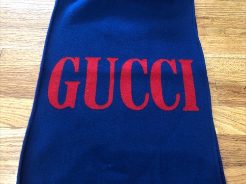 Pre-owned Gucci $450 Authentic  Jacquard Um Scarf Mens Blue Sapphire Red 35 X 180