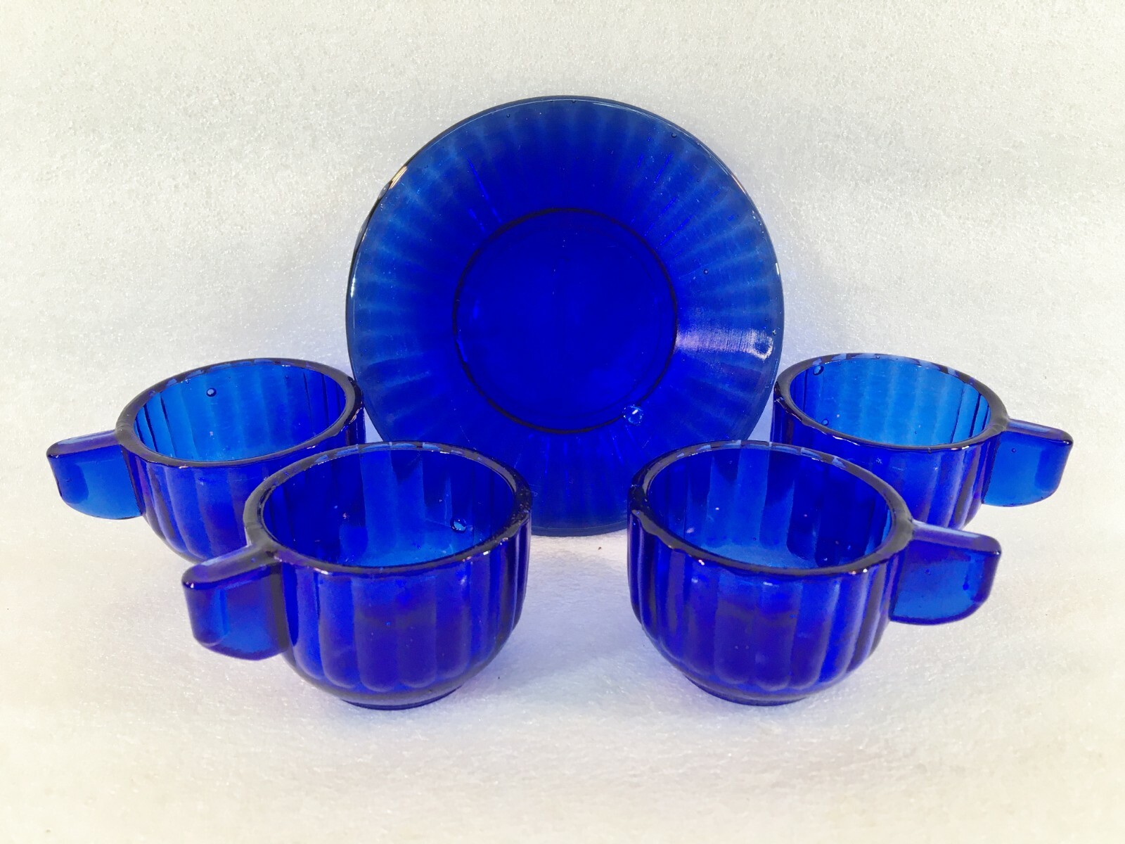 5 Pc Vintage Cobalt Blue Glass Childs Toy Tea Set 1 Plate & 4 Cups Art