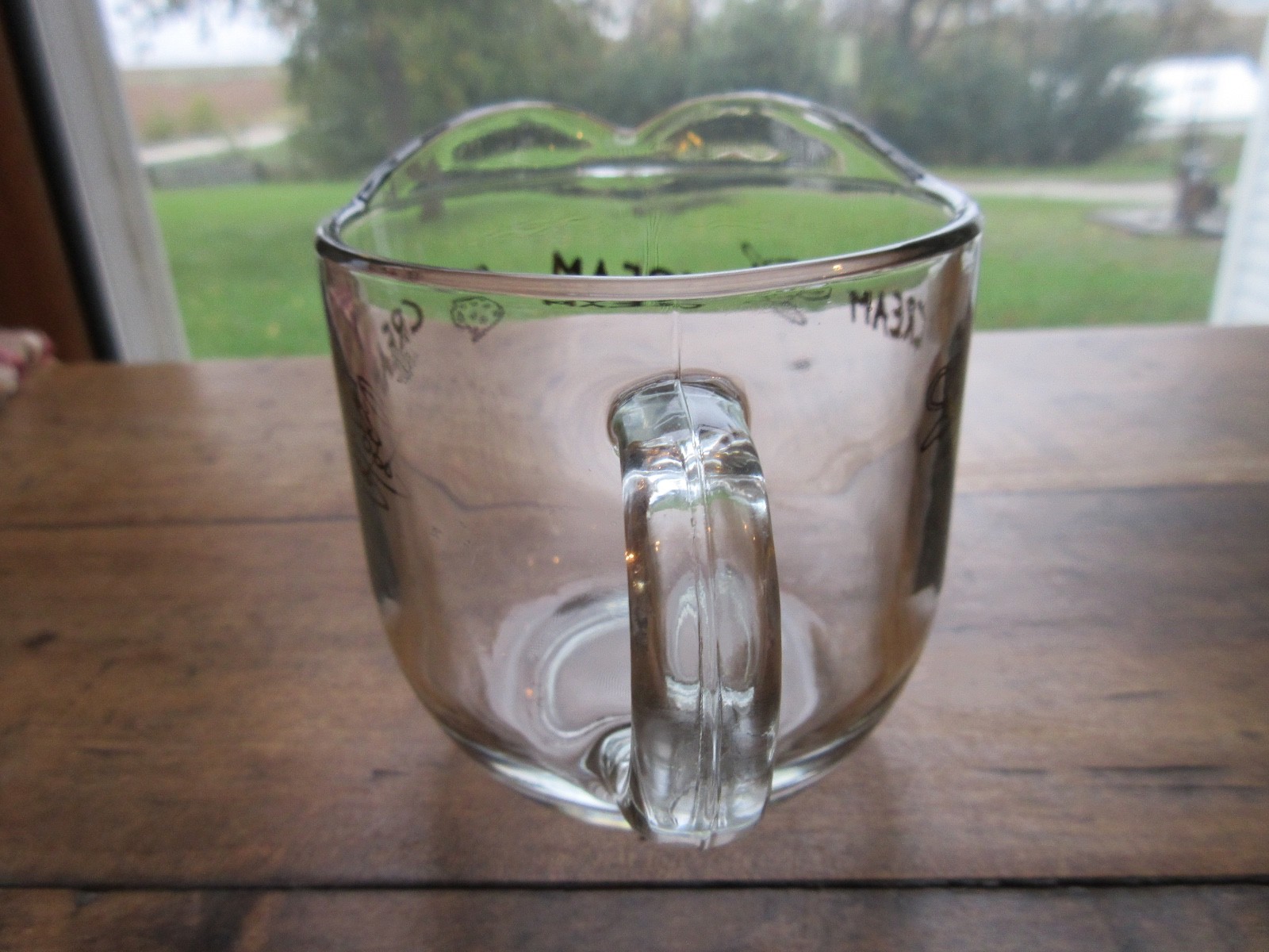 Vintage Clear Glass Cream Pitcher with Gold Graphic & 