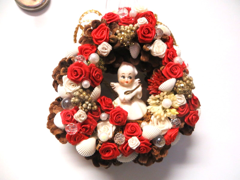 Red rose Angel Pine cone wreath with seashells_Valentines Day gift