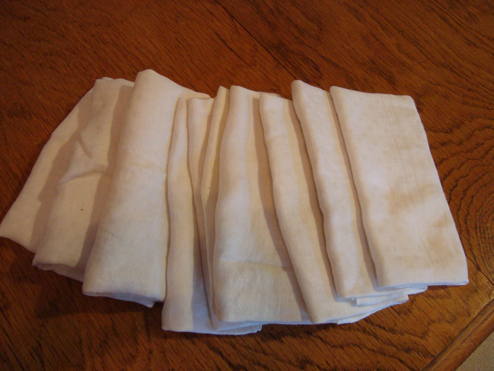 10 Vintage white flax LINEN jacquard dinner napkins floral dots pattern