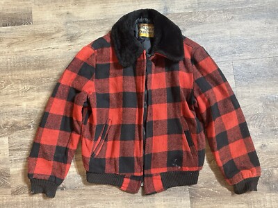 Vintage Bomber Jacket Mens Med 40 Flannel Checkered Nylon Lined Faux Fur Collar