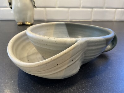 HANDMADE ART POTTERY SOUP CUP WITH ATTACHED SAUCER SIGNED BY ARTIST