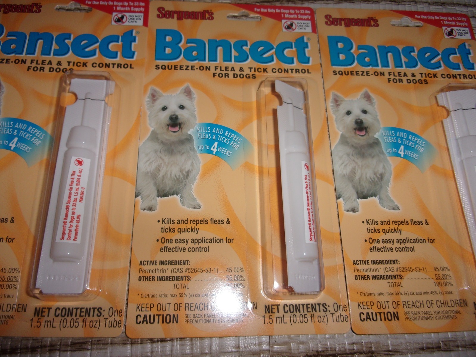 SERGEANT'S BANSECT Squeeze-on FLEA & TICK CONTROL Dogs UNDER 33 lbs (LOT OF 3)