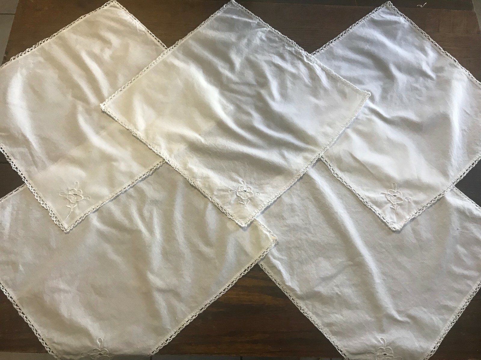 Vintage Lot of 5 Bright White Cut Work Cotton Napkins Crocheted Trim 15
