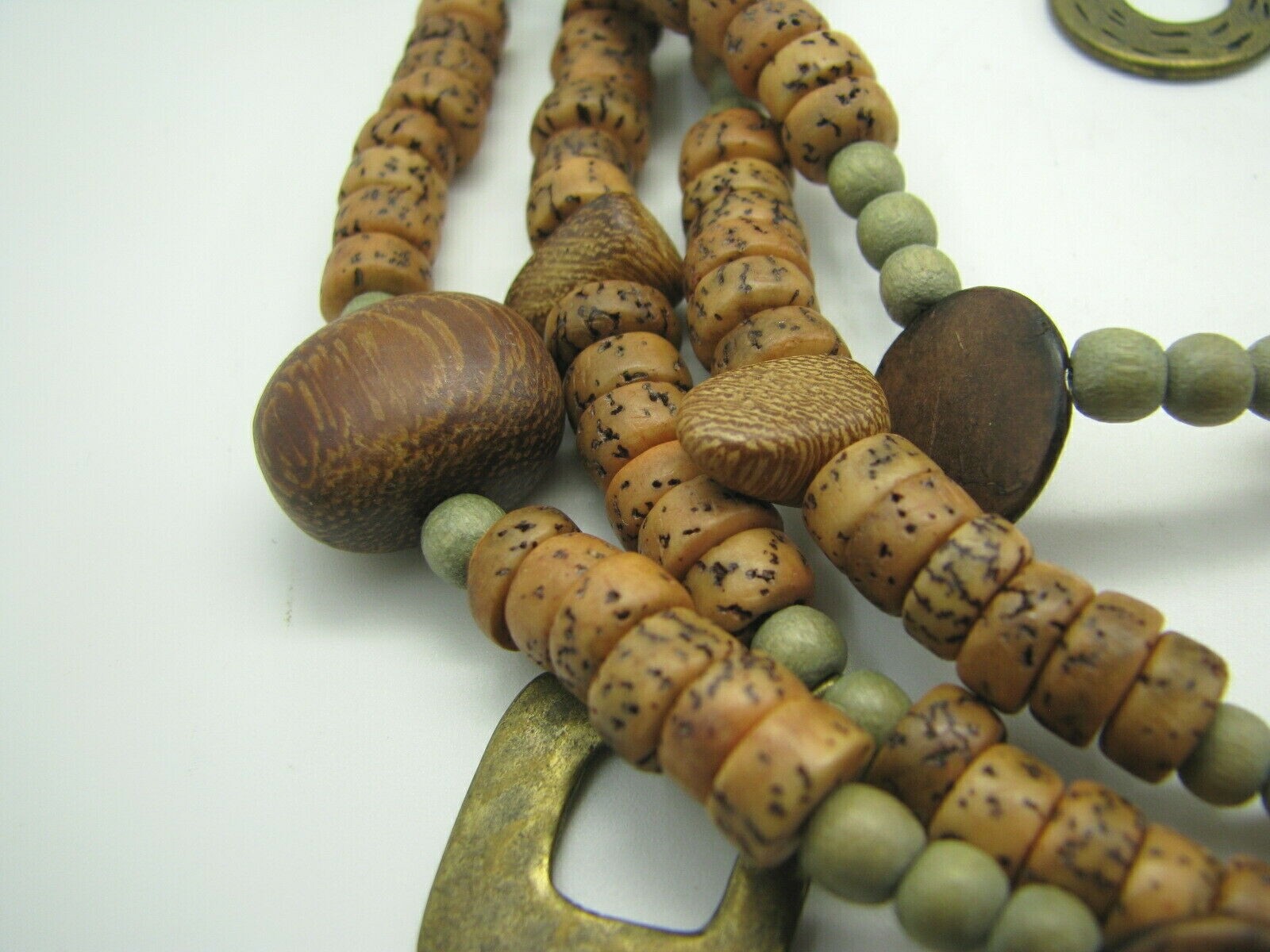 CHICO'S Hammered Bronze Metal WOOD/WOODEN BEAD Necklace/Earrings Set BROWN GREEN