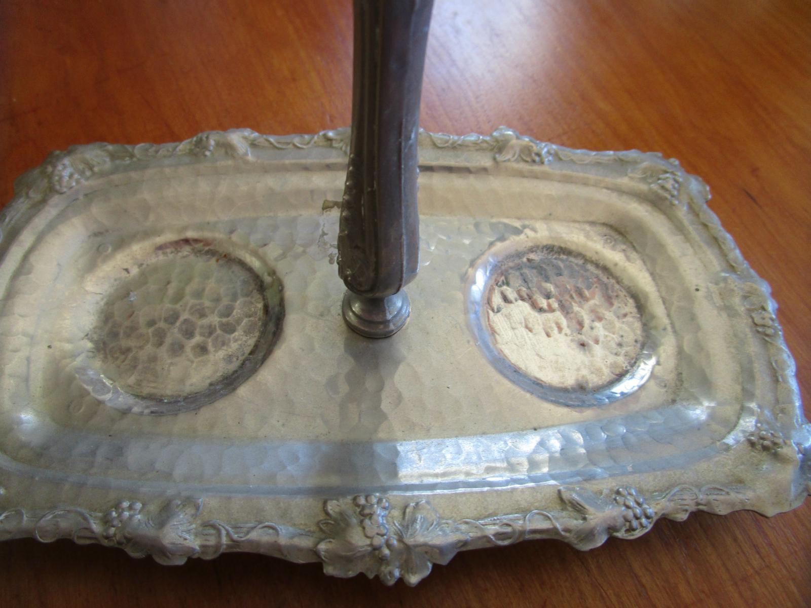 Vintage Silver Sugar & Creamer with Cobalt Glass Inserts on Tray with Salt & Pep