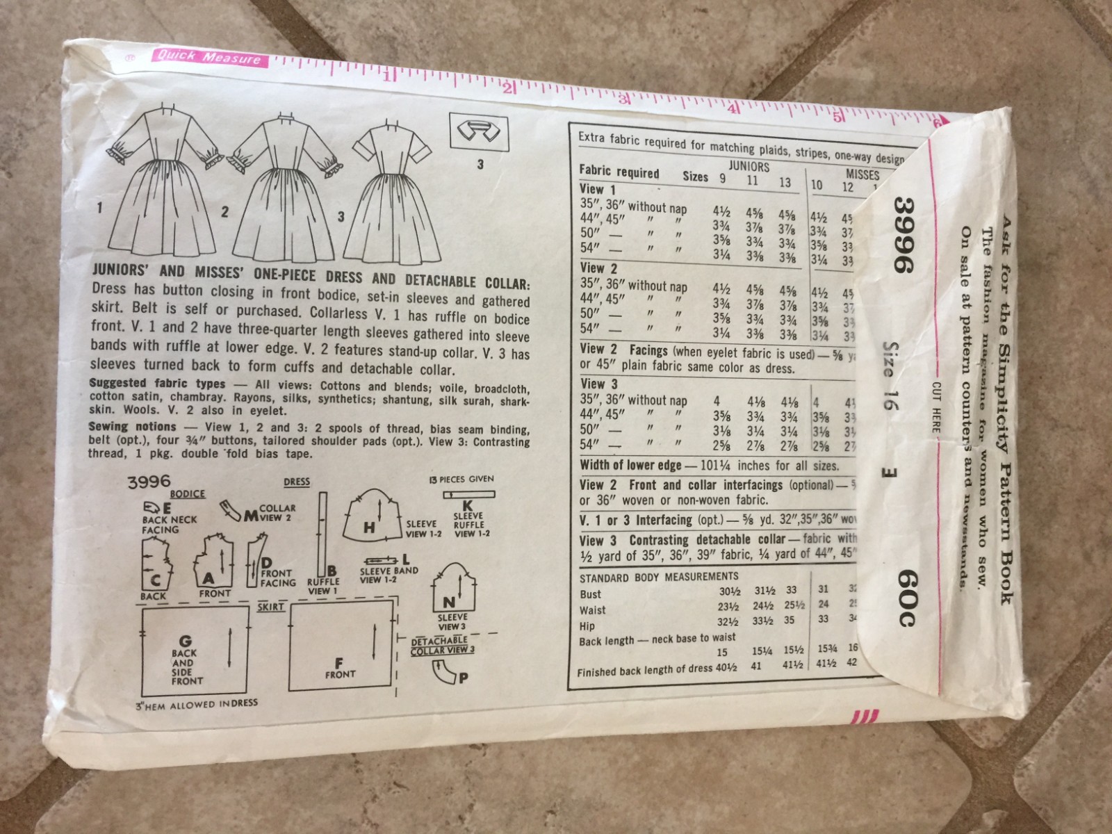 Vintage Simplicity Women's Pattern #3996 Size 16  One Piece Dress