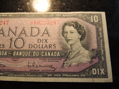 1954 BANK OF CANADA $ 10 TEN DOLLARS RARE PREFIX REPLACEMENT *U/T 0223247