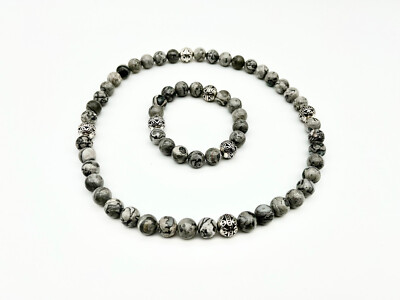 10mm Light Gray Map Jasper & Silver Tibetan Bali Bead  Bracelet & Necklace