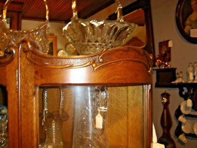 Antique Quarter-Sawn Oak Curved Glass China Cabinet with applied carving.  7413A