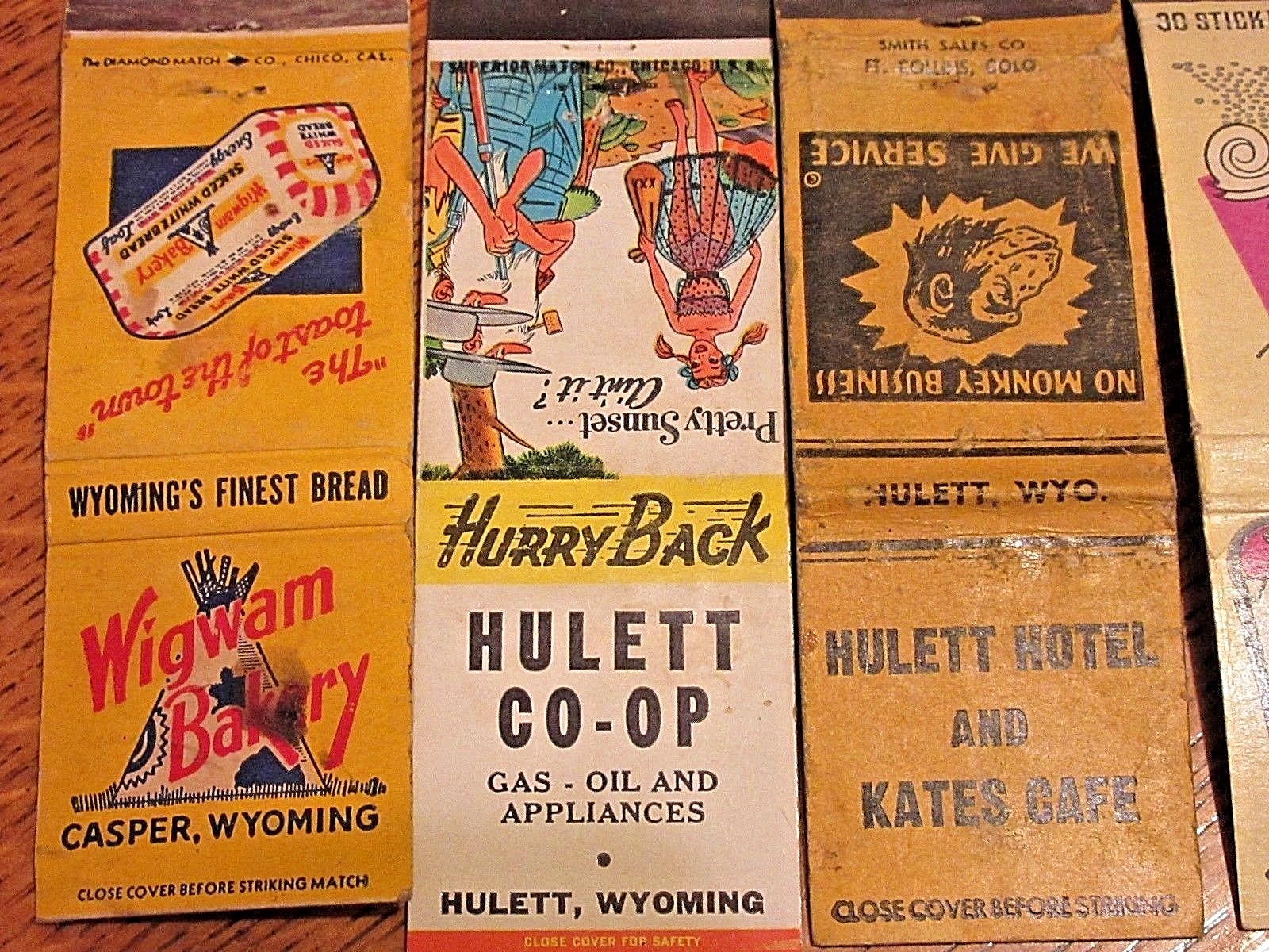 12 diff WYOMING vintage matchbook covers, Jackalope Wigwam Bakery some old ones