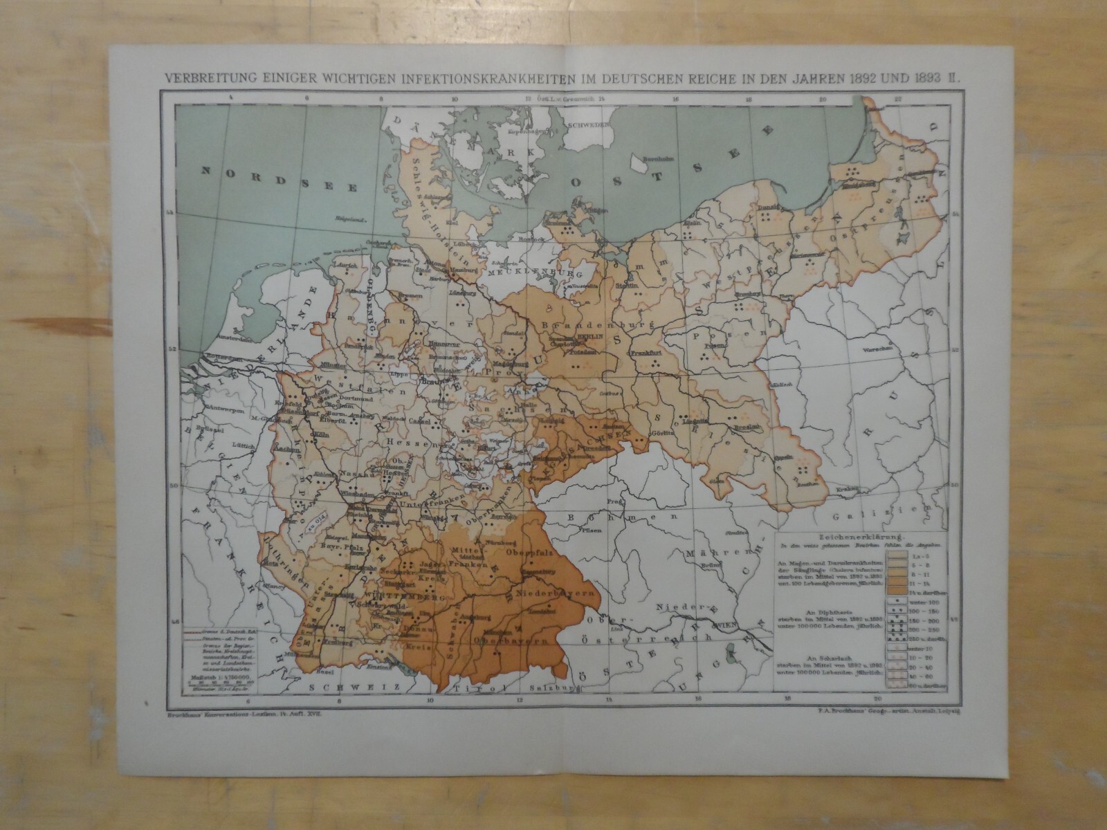 Orig.(1898) Lithographie Landkarte Infektionskrankheiten
