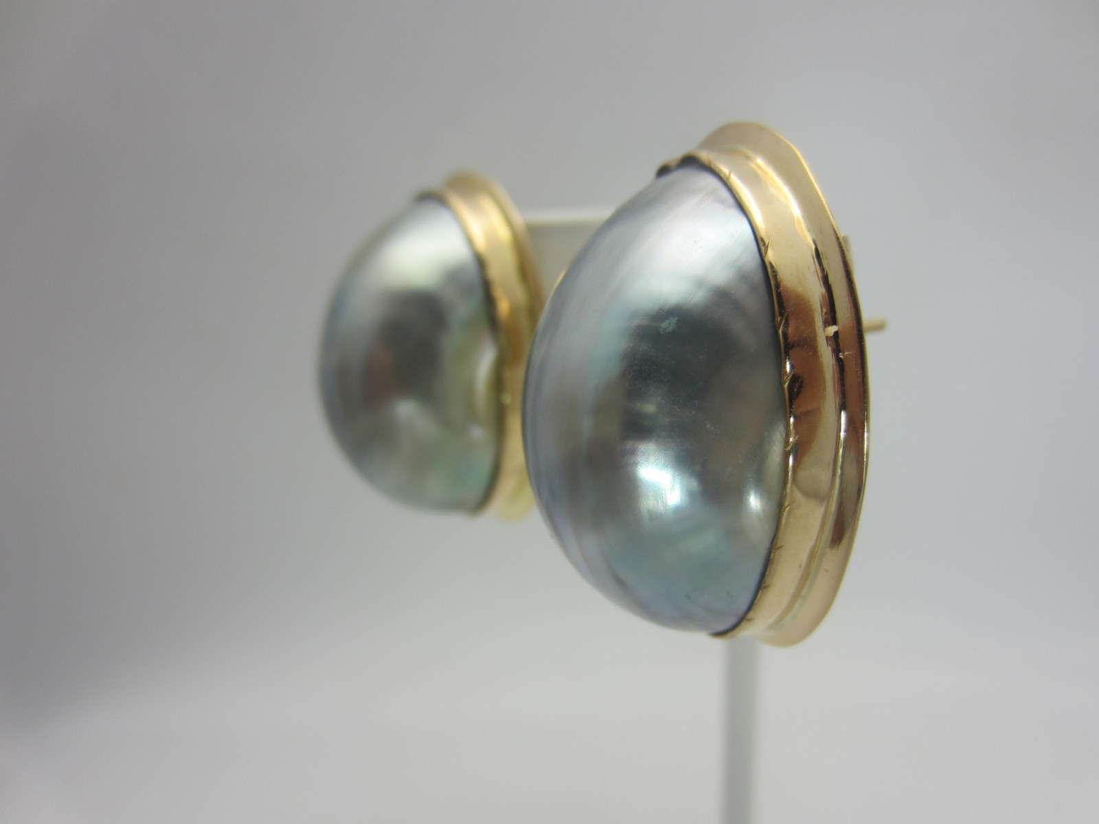 Vintage 18K Yellow Gold and Silver Mabe Pearl Earrings  28 x18 mm. large