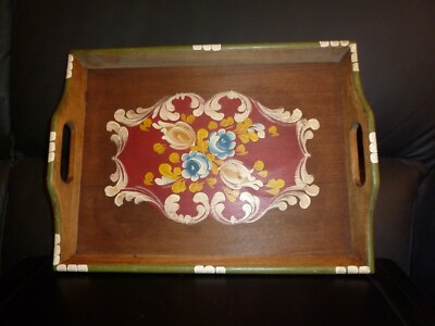 Vintage Landhaus Holz Tablett bunt braun Blumen Bauernmalerei Handbemalt 37x27cm